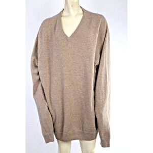 Beige Cashmere Oversized V-Neck Sweater Long Sleeve Soft Luxury Knit Size L